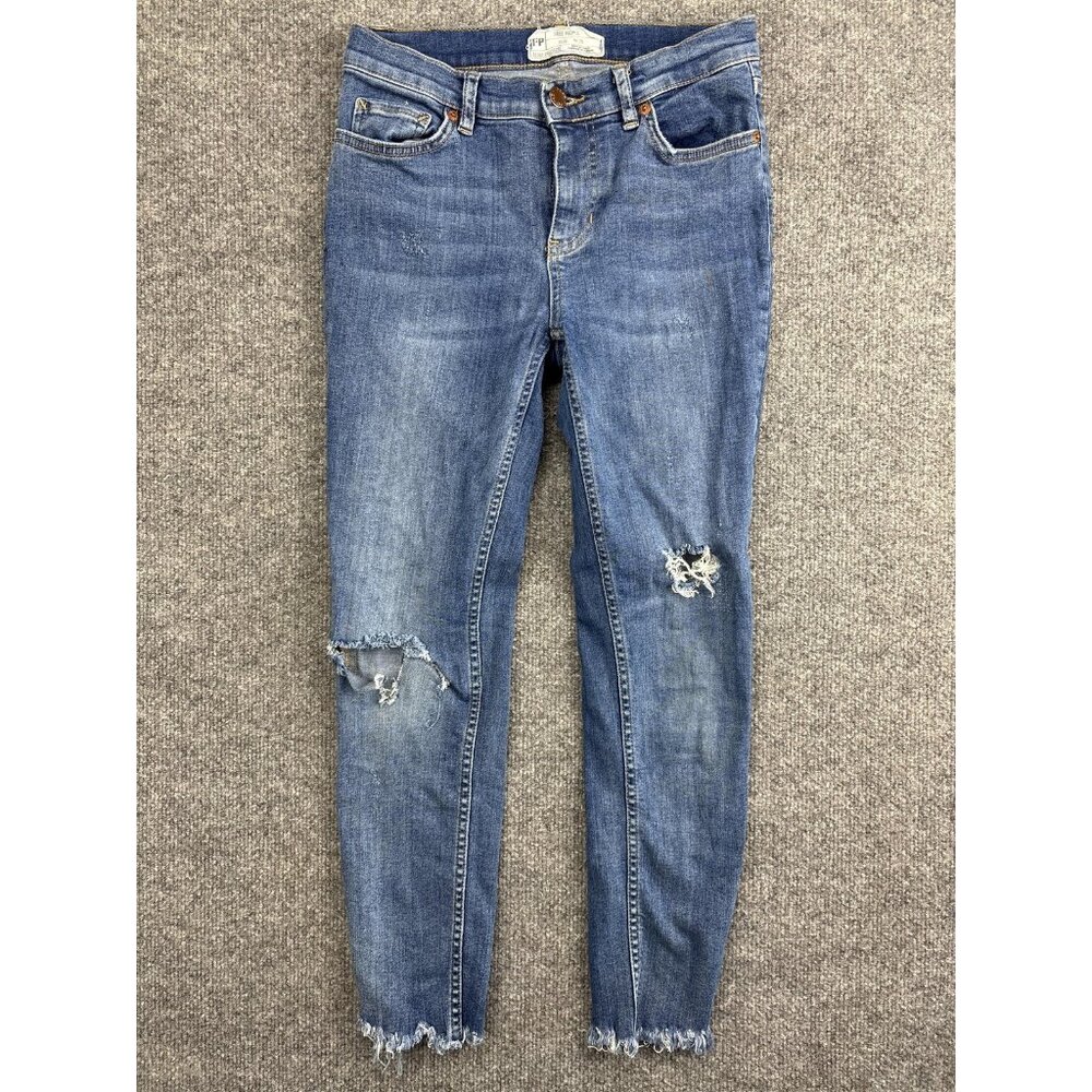 Free People Jeans Womens 26 Blue Distressed Raw Hem Skinny Mid Rise Denim Pants